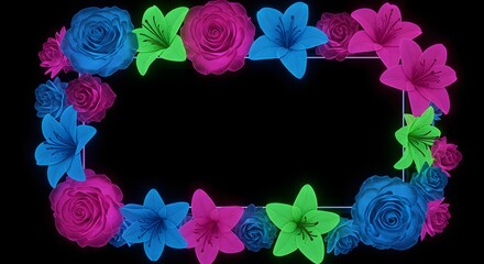 A rectangular frame of oversized fantasy flowers glowing in vibrant neon hues with black copy space