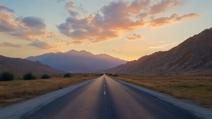 A vacant asphalt road stretches out against a backdrop of stunning mountain views and a sky filled with beautiful clouds at sunset.