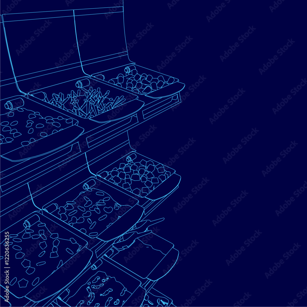 Poster the image is a blue drawing of a food display with a blue background. the display is made up of seve