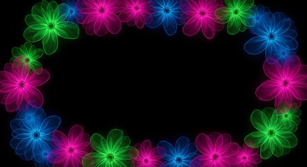 Obraz premium A rectangular frame of oversized fantasy flowers glowing in vibrant neon hues with black copy space