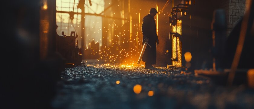 Sparks fly as a silhouetted figure forges metal in a vibrant, atmospheric workshop filled with fiery orange hues.