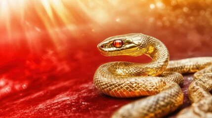 Fototapeta premium A stunning close-up of a golden snake coiling gracefully, illuminated by warm light, symbolizing elegance, transformation, and the essence of nature's beauty.