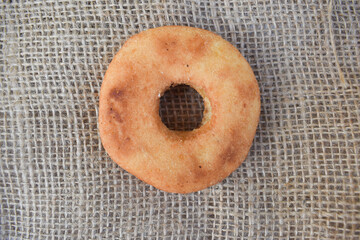 three Side in plat view of a three coconut cookies isolated on a white background, Shortbreads in form ring Top view, Round tea butter