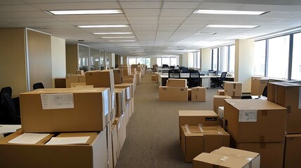 A vacant contemporary office filled with cardboard boxes as the company undergoes relocation.