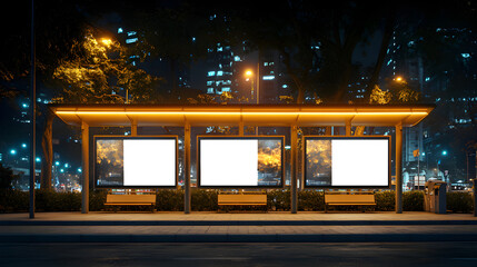 Mock up of a blank white bus stop branding space in São Paulo at dawn

