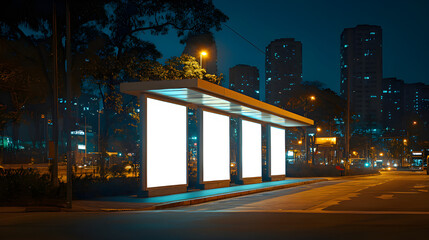 Mock up of a blank white bus stop branding space in São Paulo at dawn
