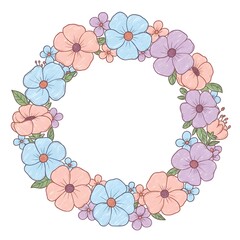 A wreath of hand-drawn whimsical flowers in pastel shades encircling a blank text area