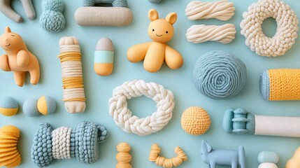 A collection of eco-friendly pet toys made from sustainable materials like rope and wood displayed neatly on a pastel background.