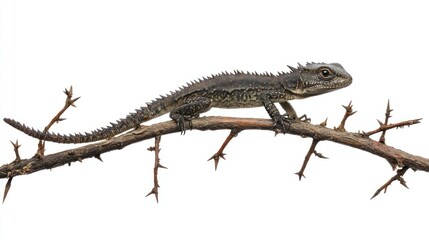 Fototapeta premium A young thorny devil lizard walks along a thorny branch, isolated on white.