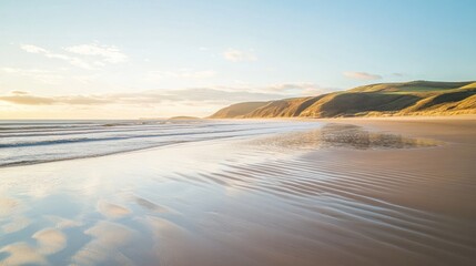 Sandy beach with golden sunlight casting long shadows on rippling waves