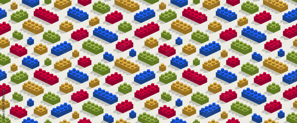 Poster toy constructor seamless pattern, isometric vector toy bricks tiling wallpaper, children game constr
