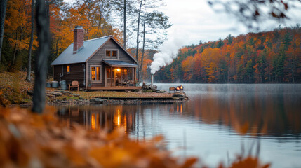 Fototapeta premium cozy cabin by tranquil lake surrounded by vibrant autumn foliage, with smoke rising from chimney and serene reflection on water, creating peaceful atmosphere