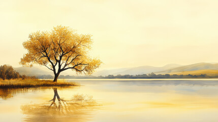A serene painting of a single tree by a tranquil lake, watercolor on canvas style, warm golden hour lighting