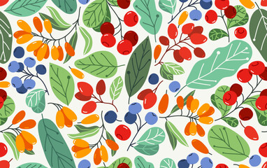 Fresh berries seamless background, different forest wild berries tiling wallpaper, elements easy to use separately.