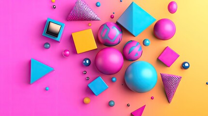 A colorful mix of D rendered shapes like spheres, cones, and cubes in bright gradients.