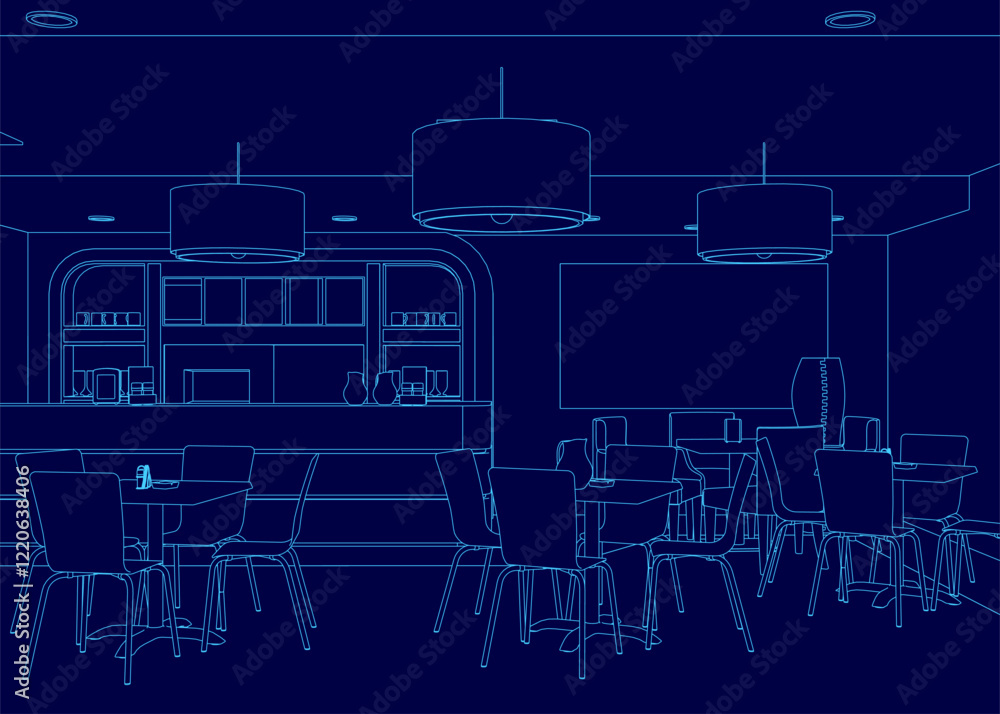 Poster blue drawing of a restaurant with tables and chairs. the chairs are arranged in rows and the tables 