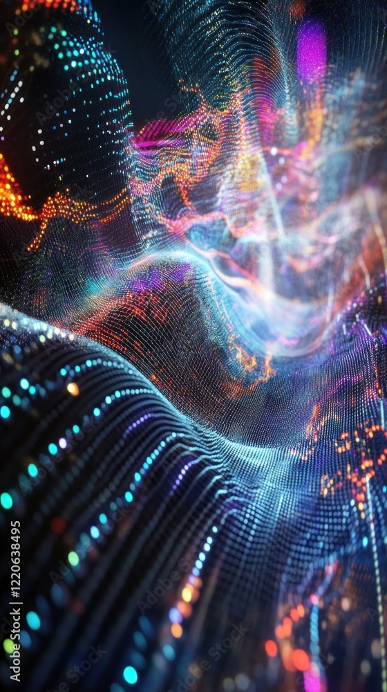 Poster abstract digital wave pattern with dynamic colors and light effects in the darkness