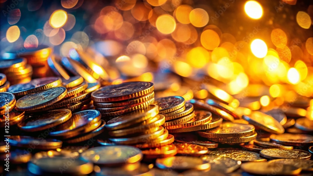 Poster close-up macro shot of shiny coins with bokeh background - stock photo