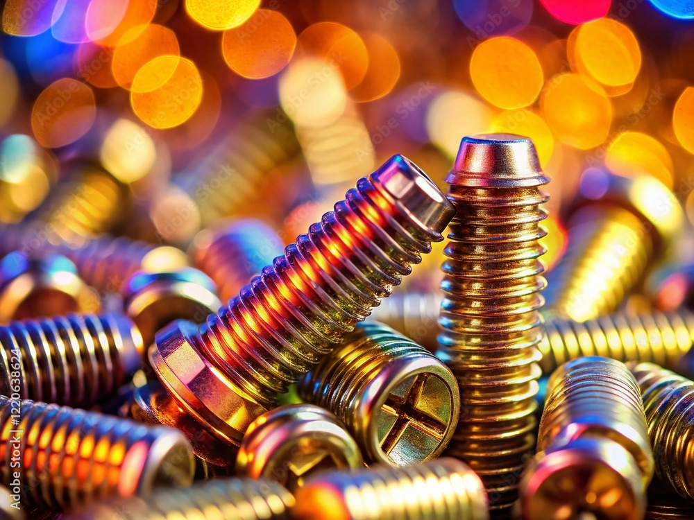 Poster close-up macro shot of shiny metal screw threads, bokeh background