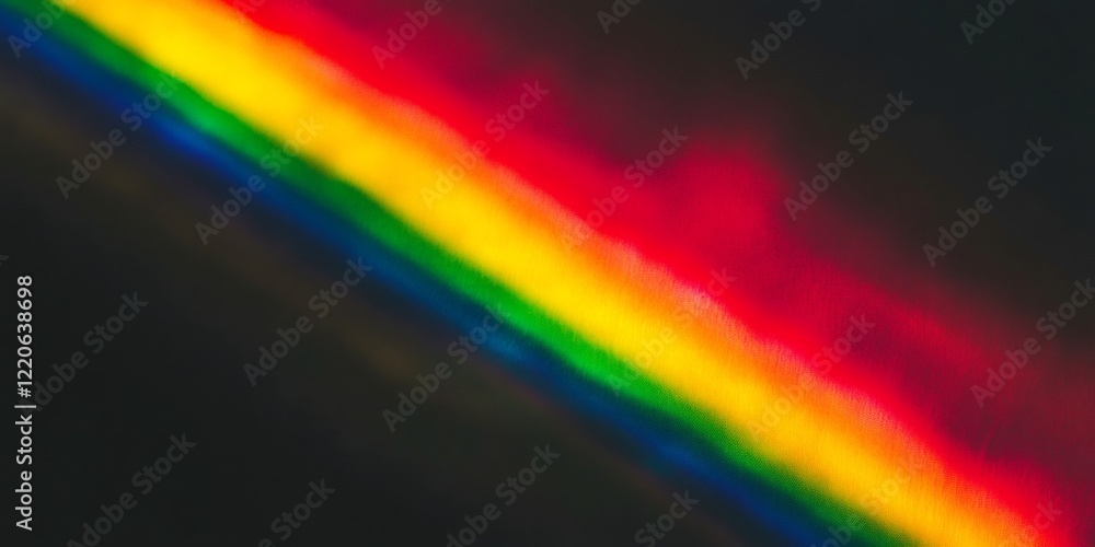 Poster diagonal rainbow spectrum spreading luminous colors across deep black backdrop, representing dynamic