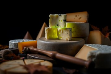 Different types of delicious cheese in wooden plate, closeup
