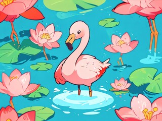 Pink Flamingo in Lotus Pond: A Serene Summer Illustration