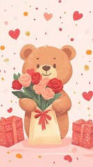 Flat Lay of Teddy Bear with Roses and Gift Bag, Valentine’s Day, Valentine’s Day image