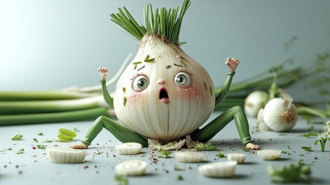 A surprised onion character expresses shock amidst chopped vegetables, bringing a whimsical and humorous touch to the scene, merging culinary art with fun expressions.