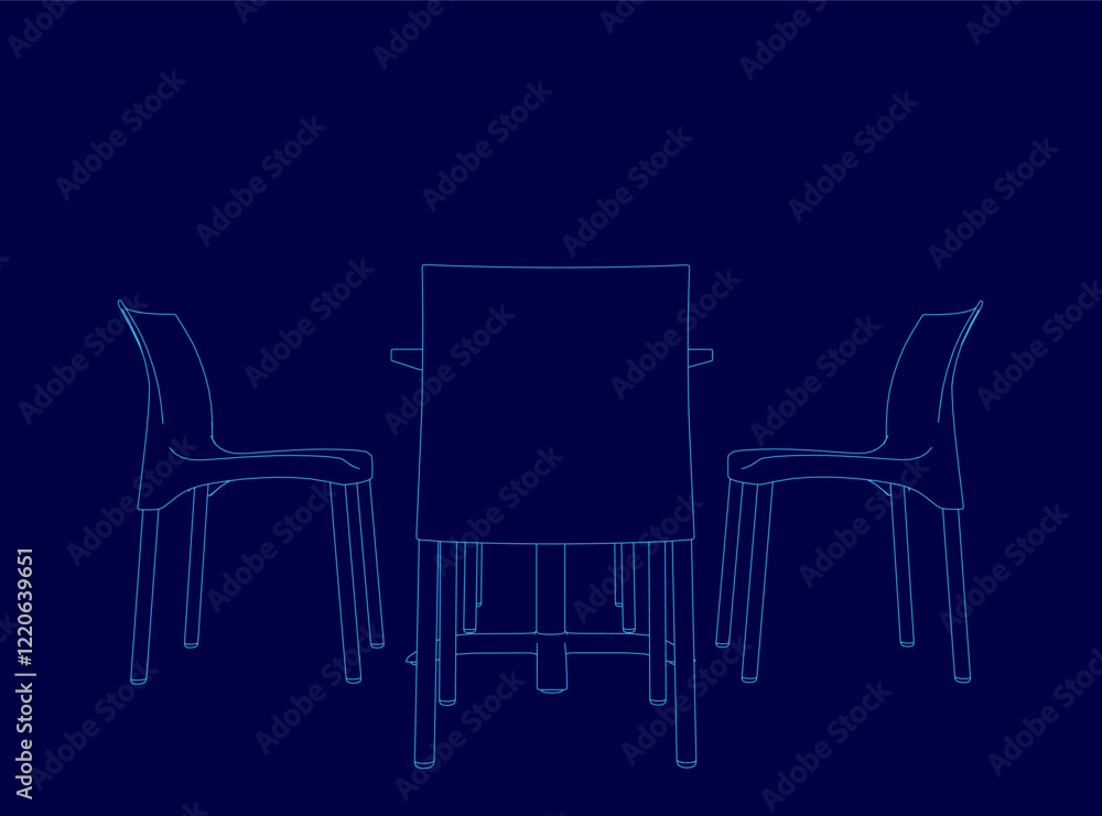 Poster blue image of a table and chairs. the chairs are outlined in blue and the table is outlined. the cha