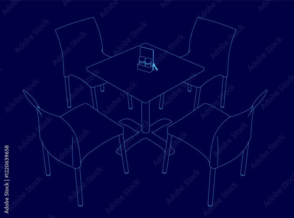 Poster blue drawing of a table with four chairs around it. the chairs are all lined up and the table is in 