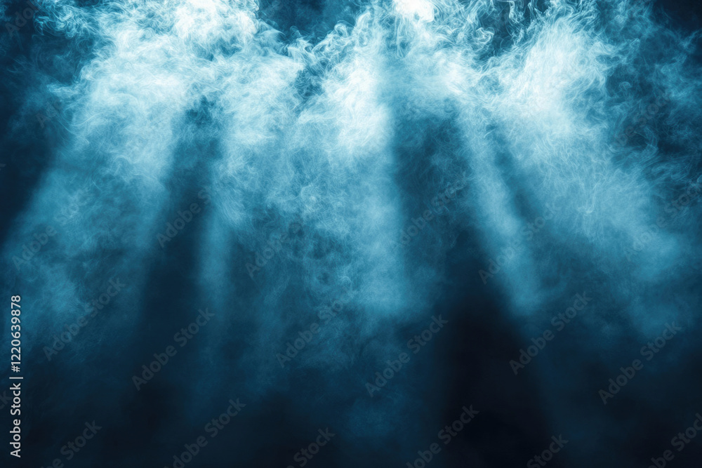 Poster Abstract blue smoky background with beams of light creating a mysterious and ethereal atmosphere.
