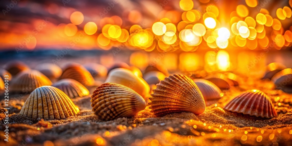 Poster close-up of cockles on beach with bokeh background - seashell stock photo