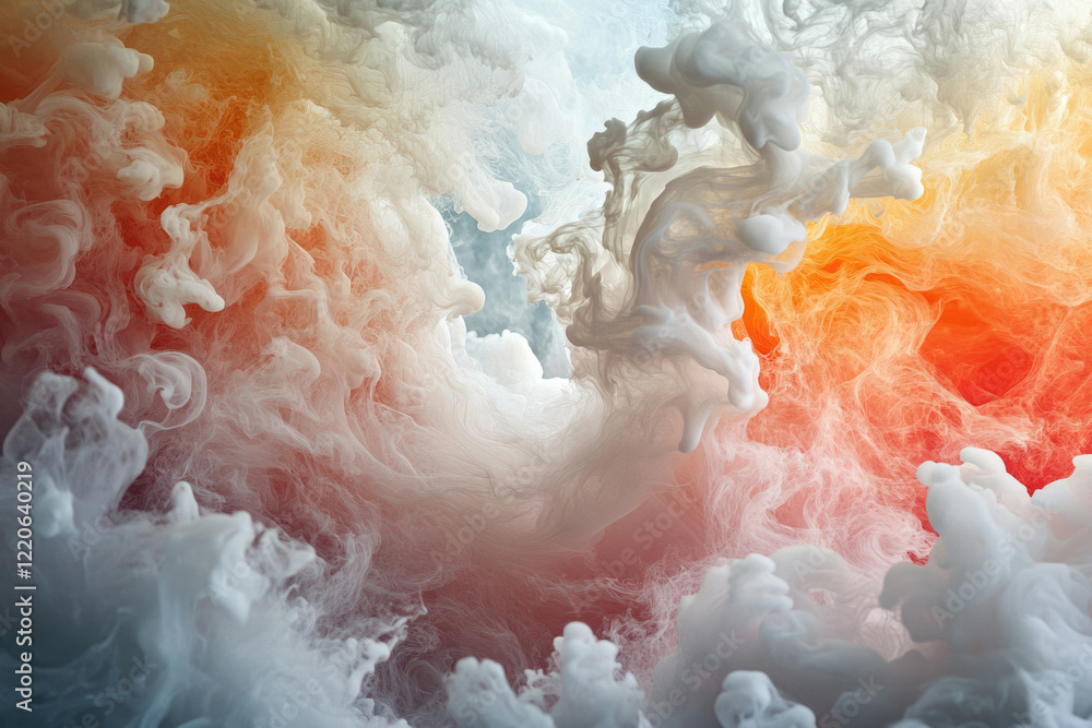 Poster abstract swirling clouds of white and orange ink in water, creating a mesmerizing ethereal scene.
