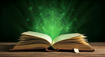 Fototapeta premium A magical spellbook glowing with green light, surrounded by Irish symbols, AI generated