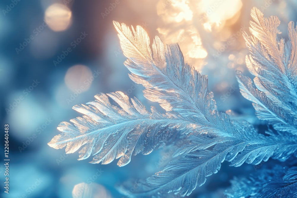 Poster intricate ice crystals resembling delicate, frosted feathers, glowing with a soft, ethereal light.