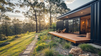 Obraz premium A single container home with sleek design, featuring a small outdoor shower, minimalist landscaping, and a touch of natural luxury
