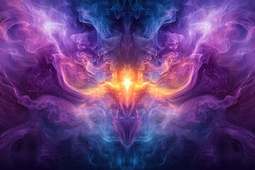 Obraz premium Abstract cosmic artwork depicting a vibrant, symmetrical nebula with swirling colors of purple, blue, and orange.