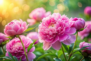Fototapeta premium Soft focus pink peony blooms, a bokeh-filled spring garden.