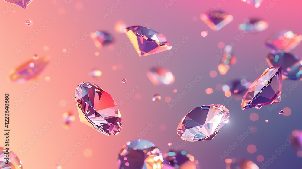 Poster a sparkling and luxurious background with iridescent diamonds floating against a pink and purple gra