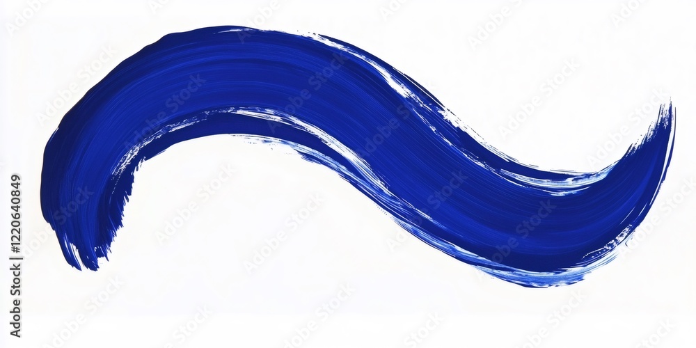 Poster blue paint brushstroke forming a wavy shape on a white background, creating a dynamic and artistic d