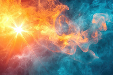Fototapeta premium Abstract image of vibrant orange and teal smoke swirling with a bright sunburst effect.