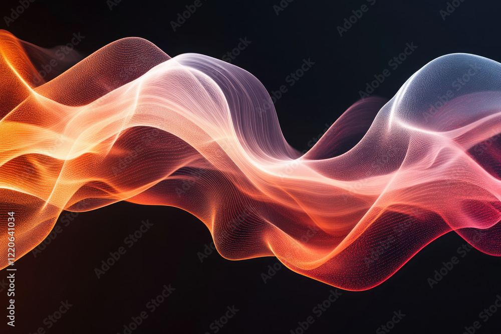 Poster abstract flowing wave of light and particles, orange and pink hues on dark background.