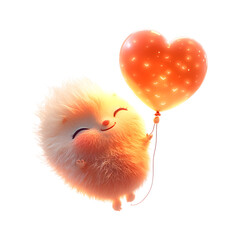 Fluffy 3D Cartoon Character Jumping with a Fluffy White Balloon Isolated on Transparent Background