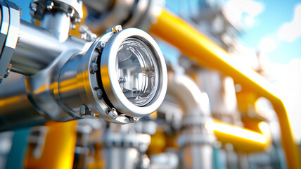 Detailed View of Industrial Pipeline System Components Metallic Cylindrical Section with Transparent Sight Glass