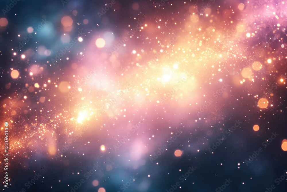 Poster abstract cosmic background with vibrant colors, glowing particles, and bokeh effect.