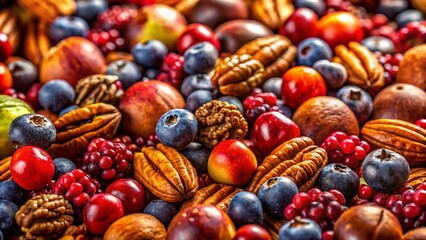 Close-up of Ripe Berries, Nuts, and Pecans - Autumn Harvest