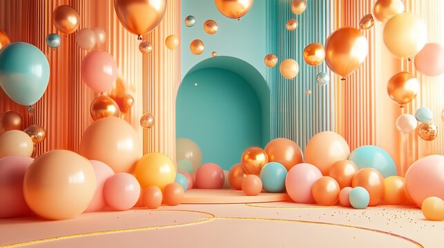 Coral orange and turquoise balloons rising on the air