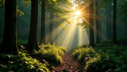 Forest floor with sunlight filtering through trees, sunlight filtering, woodland ambiance, serene landscape