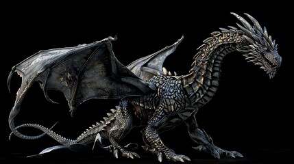 Fototapeta premium A 3D render of a majestic, silver dragon with its wings spread wide.