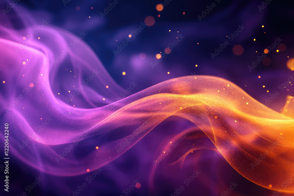 Poster Abstract image of flowing, luminous purple and orange waves with sparkling particles.